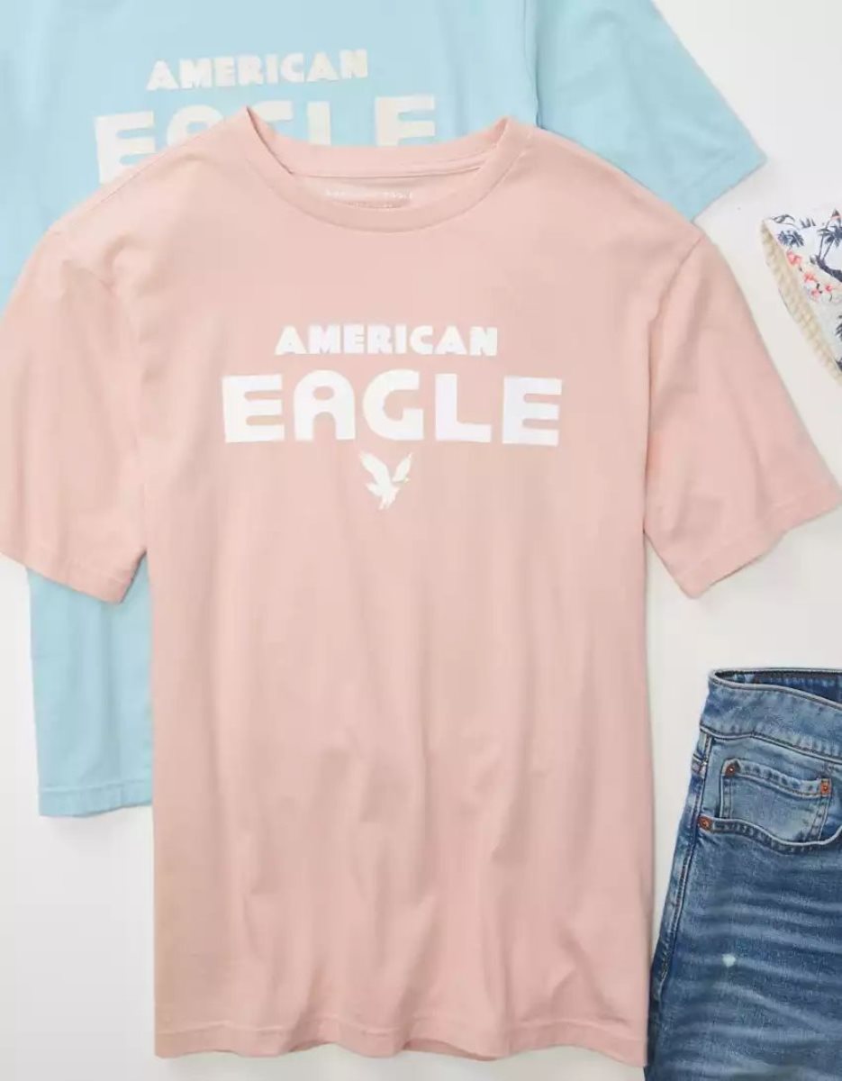 T Shirt Graphique American Eagle AE Super Soft Logo Rose Homme | BRP-93339571